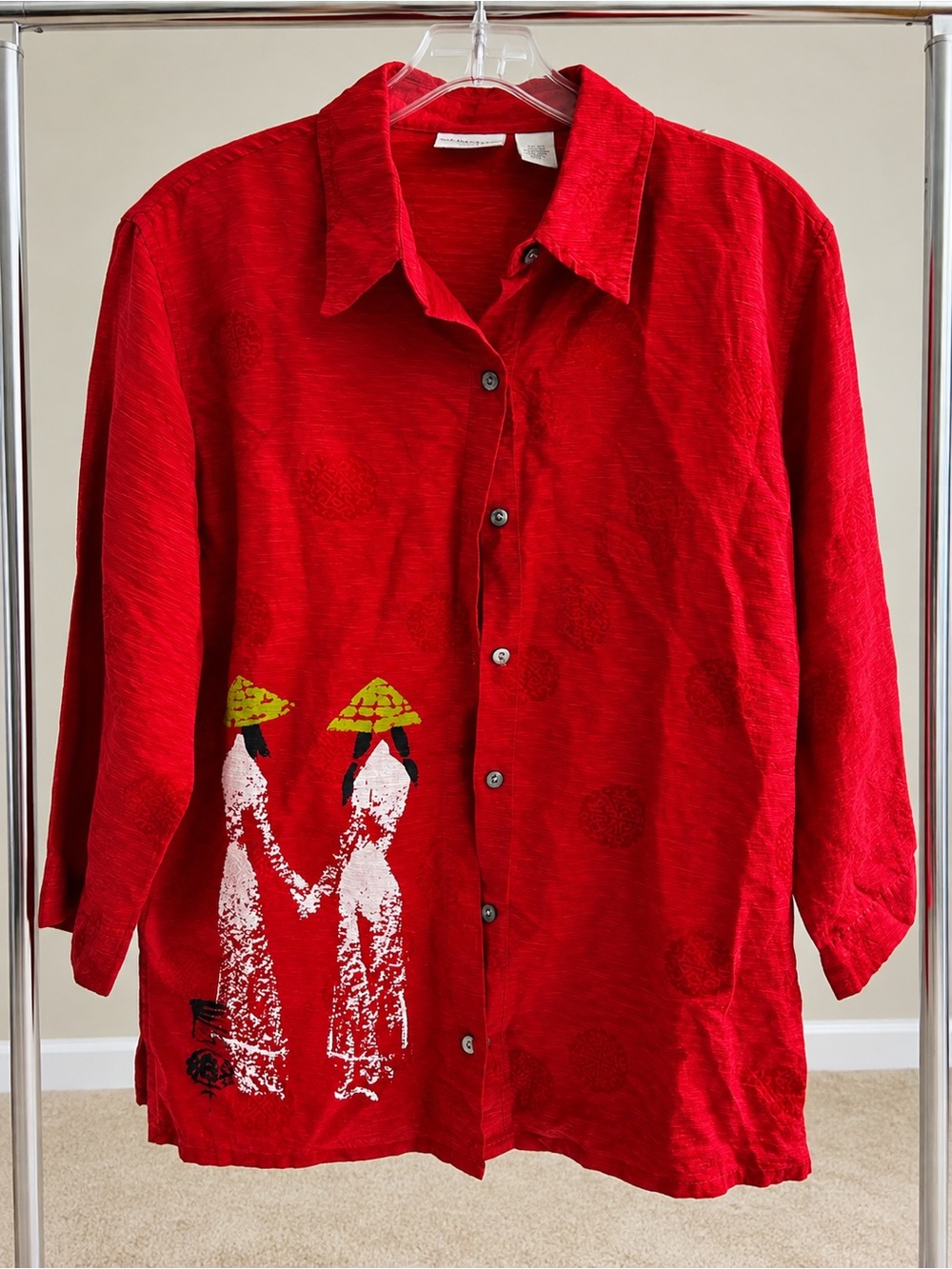 Chico's Red Button-Up Shirt with White & Yellow Graphic